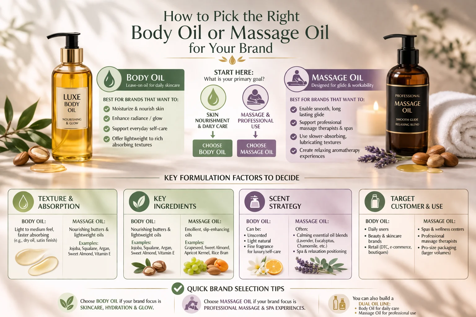 Infographic on choosing the right body or massage oil for brands, highlighting key formulation factors, primary goals, and target customers.